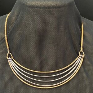 Two-Tone Multi-Strand Curved Bib Necklace - Gold and Silver